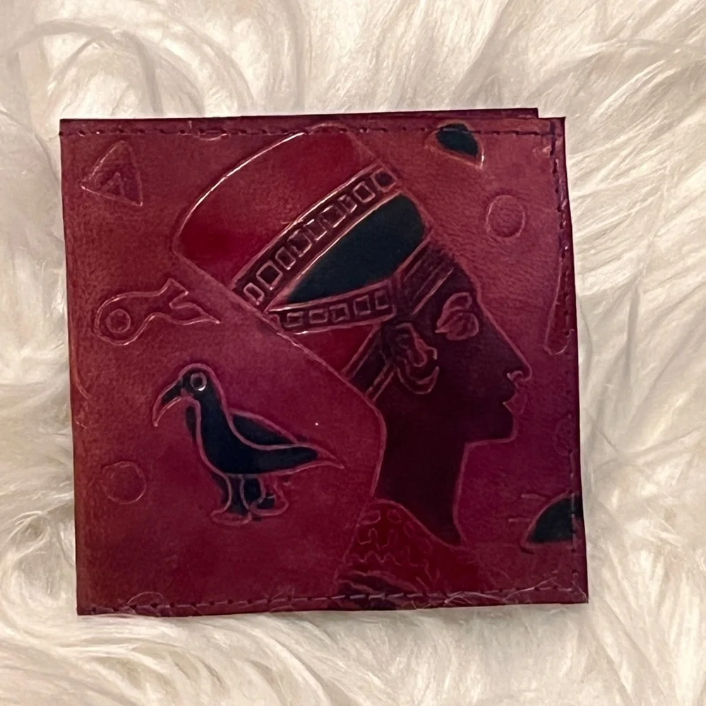 Vintage Handcrafted Egyptian Motif Leather Wallet - Deep Burgundy